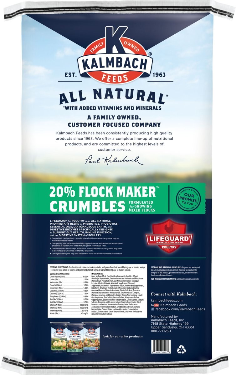 Kalmbach Feeds All Natural 20% Flock Maker Crumbles Poultry Feed， 50-lb bag