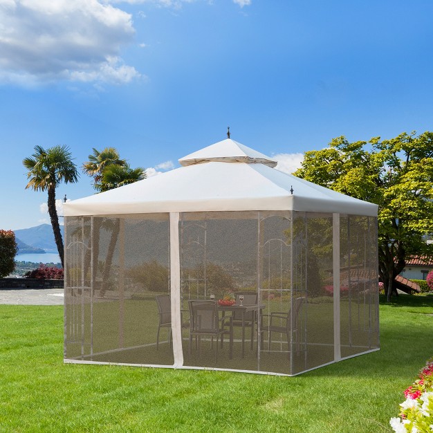 Outsunny Steel Outdoor Patio Gazebo Canopy With Removable Mesh Curtains Display Shelves amp Steel Frame