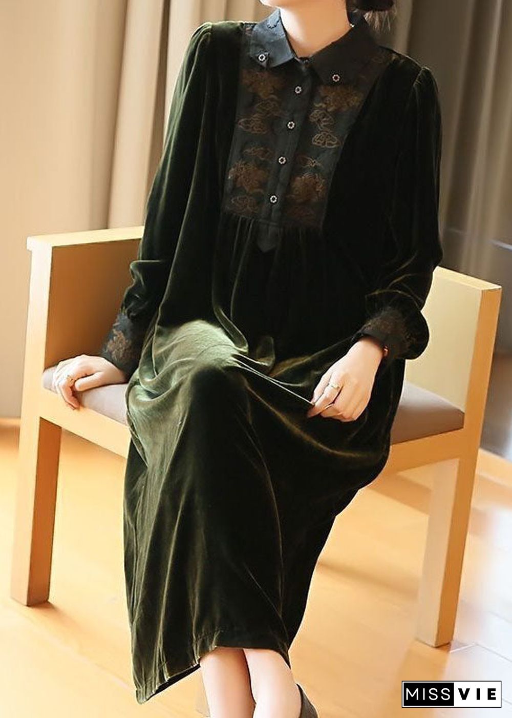 Plus Size Blackish Green Embroideried Patchwork Silk Velour Party Dress Spring