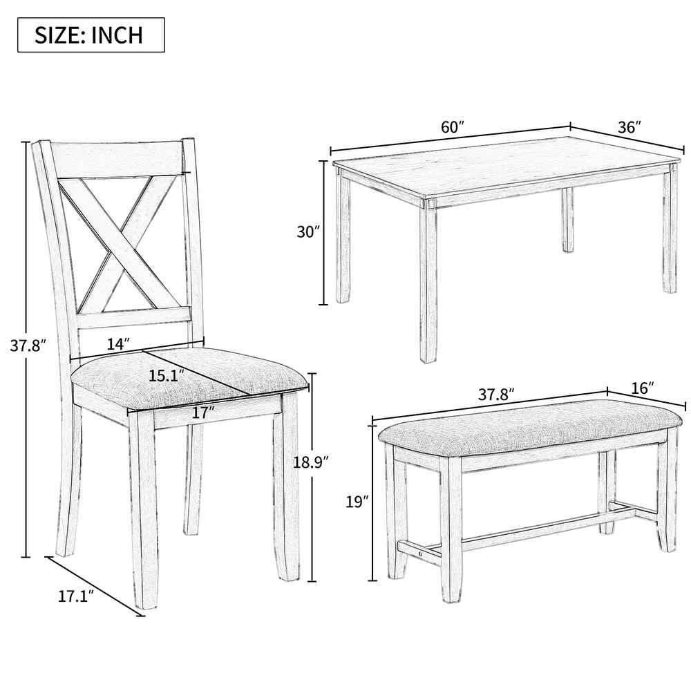 6 Piece Dining Table Set  Rectangular Dining Table  4 Chairs and Bench