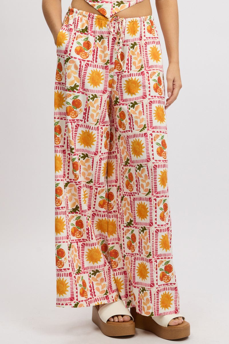 Multi Abstract Wide Leg Pants High Rise