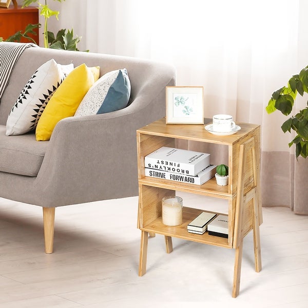 Nightstand Set of 2 Bamboo Stackable Bedside Table with Storage Shelf