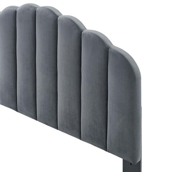 Burney Scalloped Charcoal Velvet Upholstered Full/Queen Size Headboard - - 31684731