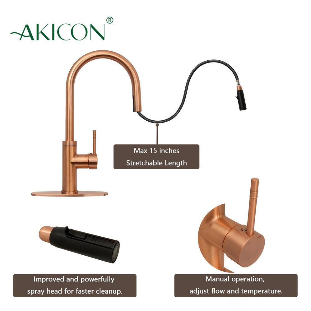 Akicon Single-Handle Pull Down Sprayer Kitchen Faucet with Deckplate in Copper AK96416-C