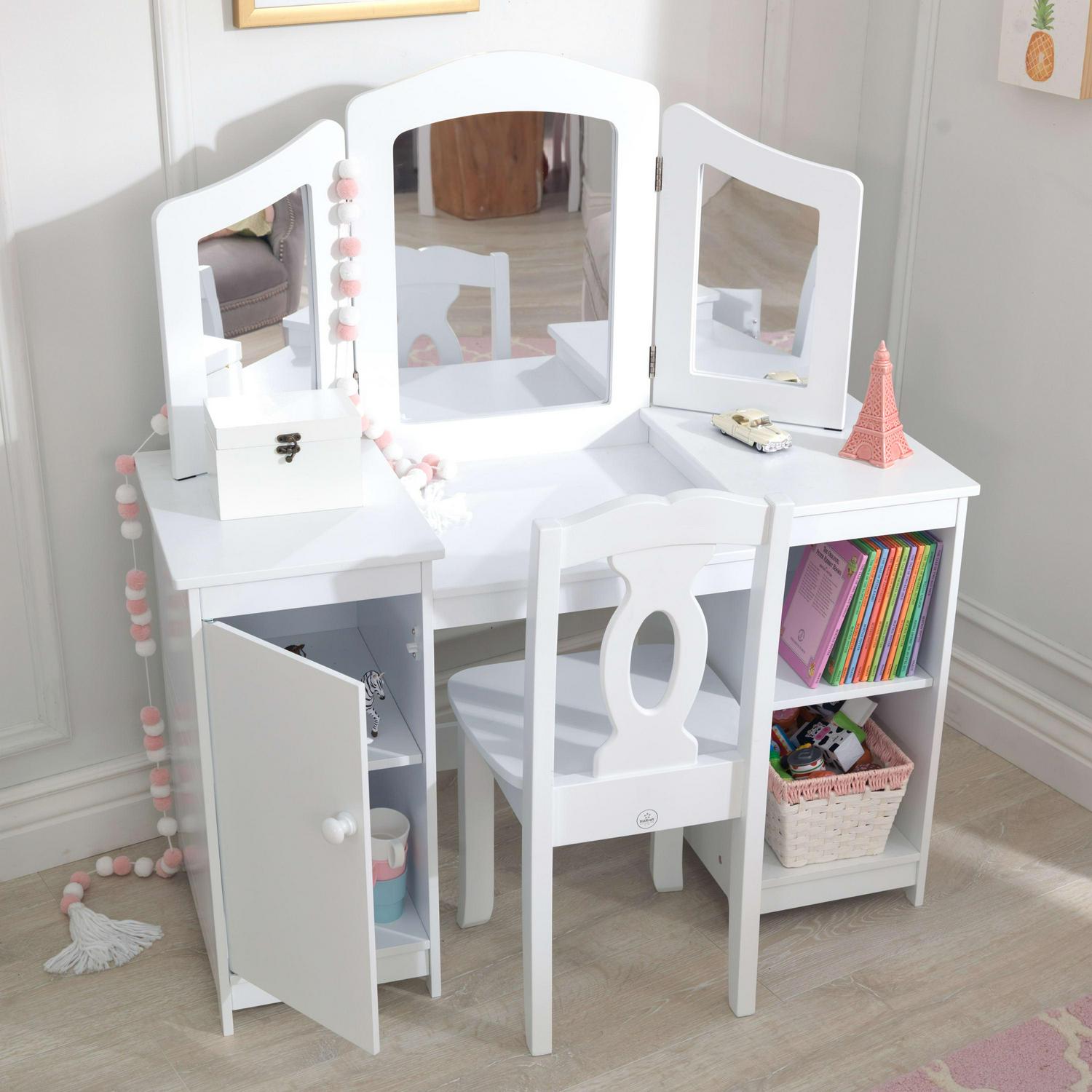 KidKraft Wooden Deluxe Vanity and Chair with Triple Mirror and Shelves White  Crowdfused