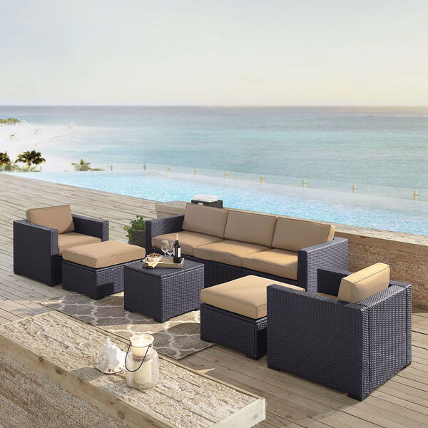 Biscayne 7 Person Outdoor Wicker Seating Set in Mocha - One Loveseat， Two Arm Chairs， One Corner Chair， One Coffee Table， Two Ottomans