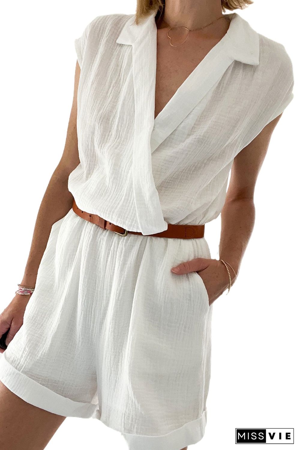 White Collared Wrap V Neck Lightweight Textured Romper