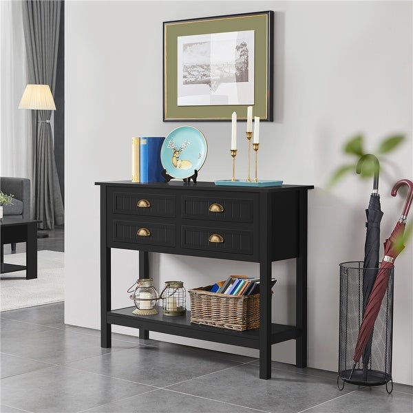 Yaheetech 4-Drawer Console Table With Open Shelf Pine Wood Legs