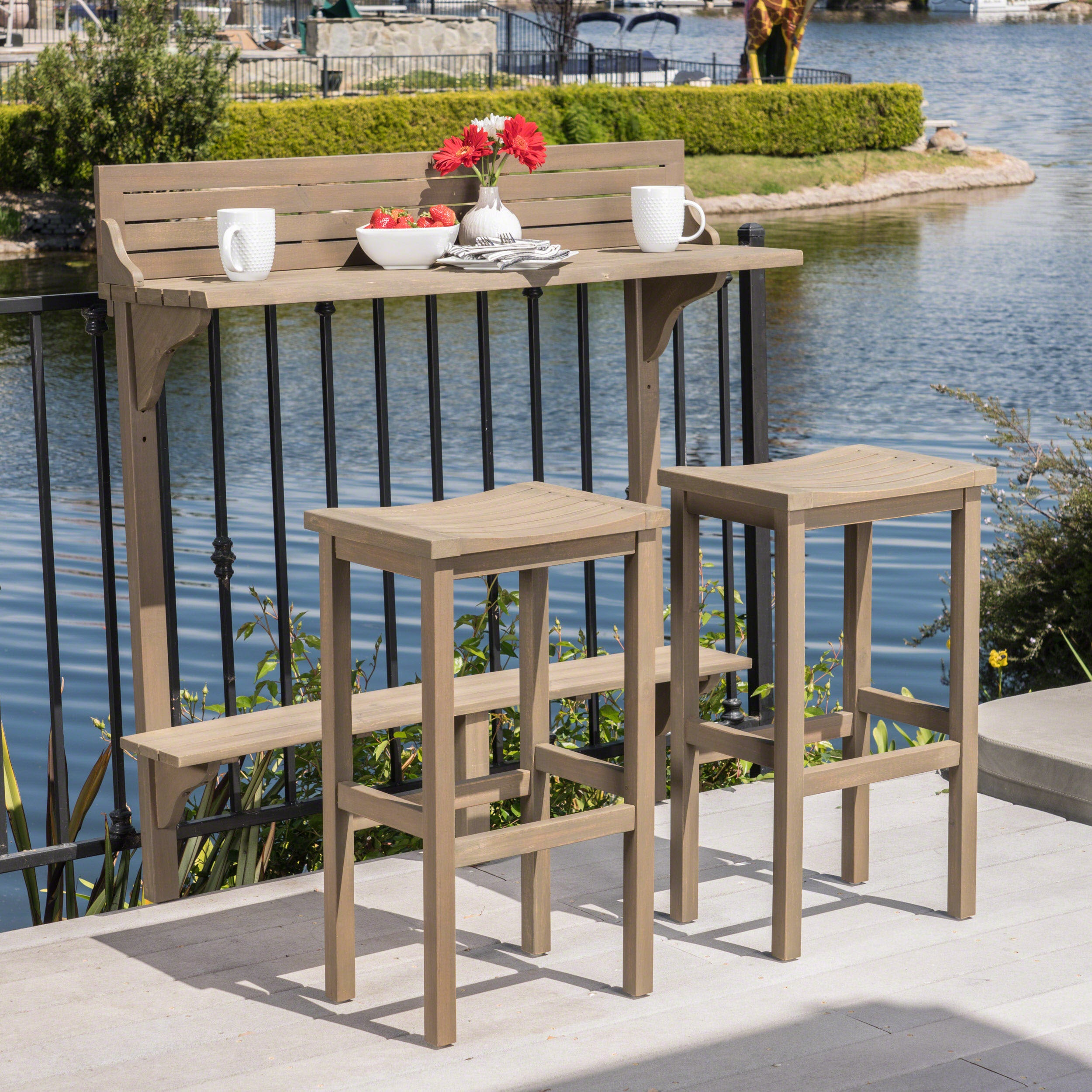 Pensacola Outdoor 3 Piece Acacia Wood Balcony Bar Set