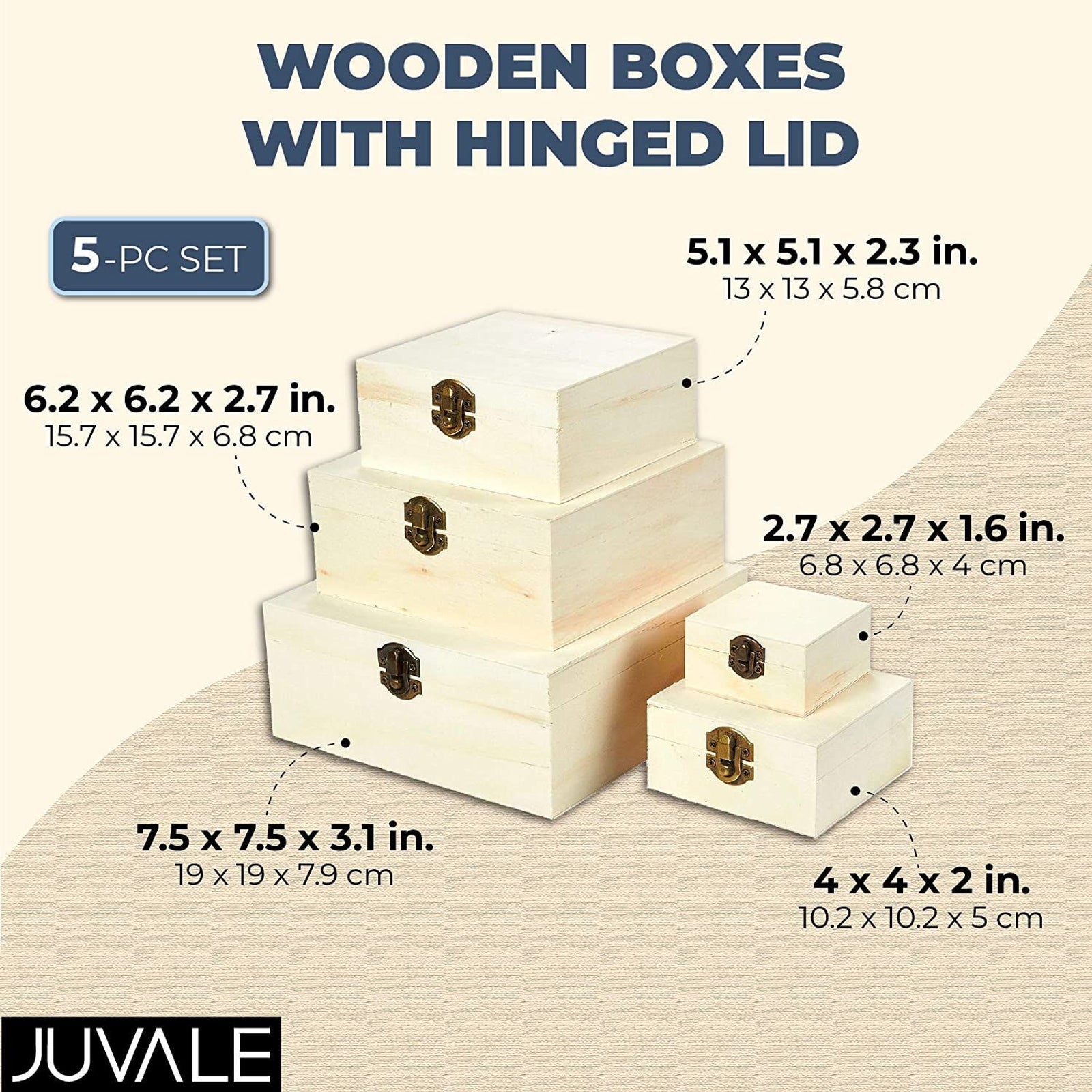 5 Piece Set of Unfinished Natural Wooden Boxes For Crafts with Magnetic Hinged Lid, Painting, Arts and Crafts