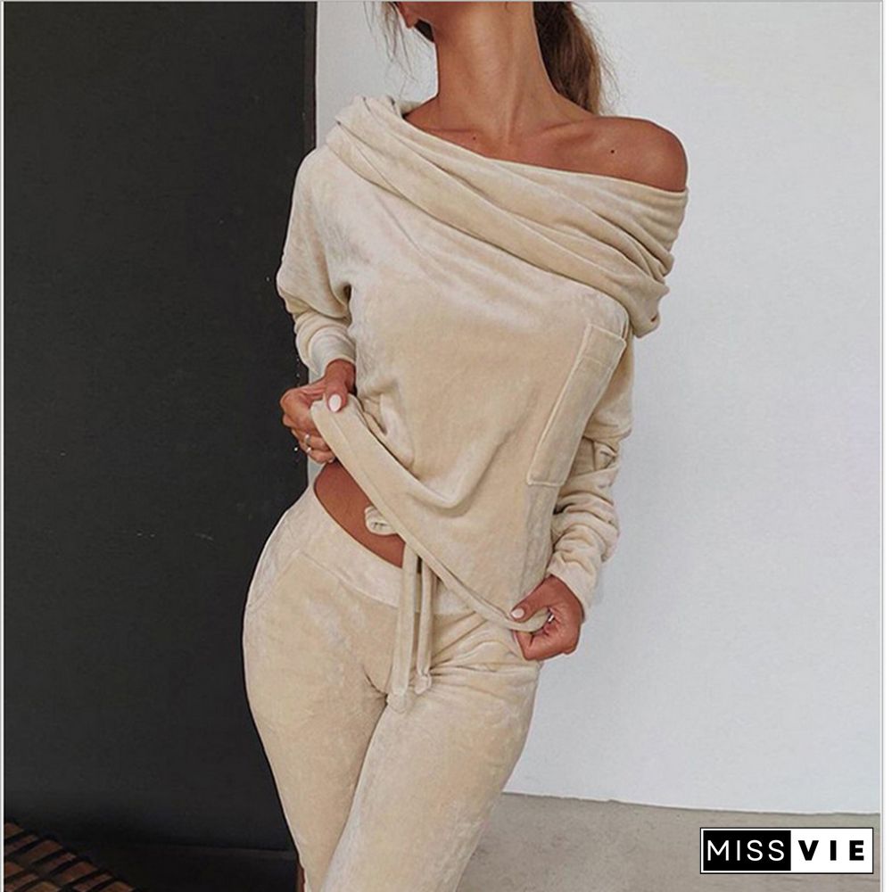 Sweatshirt Women 2 Pieces Set Tracksuit Autumn One Shoulder Sweatshirt Pants Sets Sport Wear Tracksuit Velvet Lounge Suit