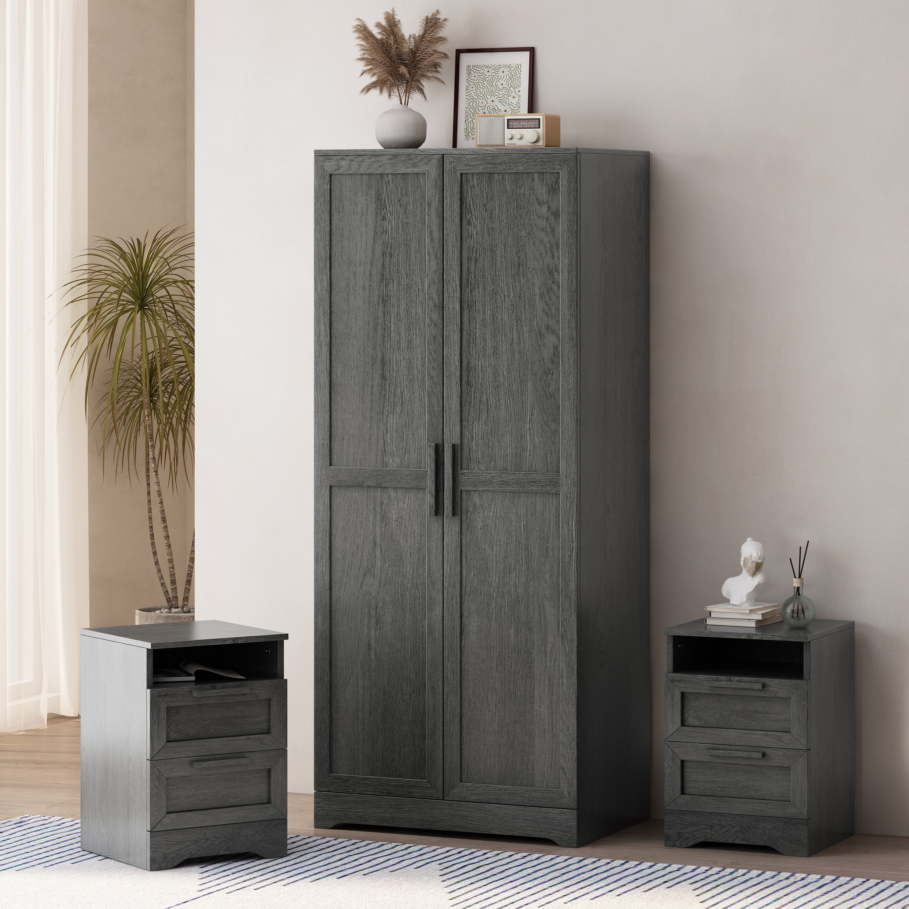 Broxon Rustic 3 Piece Wardrobe and 2 Drawer Nightstand Bedroom Set