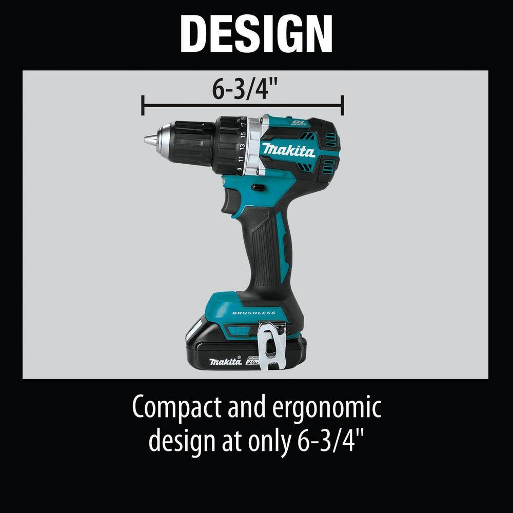 Makita 18V LXT Lithium-Ion Compact Brushless Cordless 12 in. Driver-Drill Kit w (2) Batteries (2.0Ah) Charger Bag XFD12R