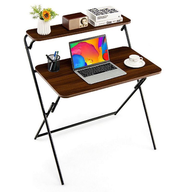 2-Tier Folding Computer Desk Laptop Table No Assembly Required for Home Office