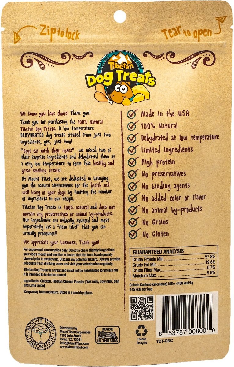 Tibetan Dog Treats Chicken 'n' Cheese Grain-Free Dehydrated Dog Treats， 3.5-oz pouch