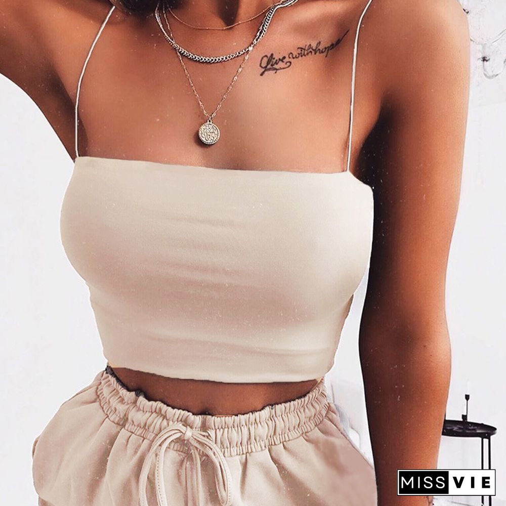 New Fashion Women Spaghetti Strap Crop Top Sexy Bodycon Sleeveless Cami Tube Top Basic Plain Camisole