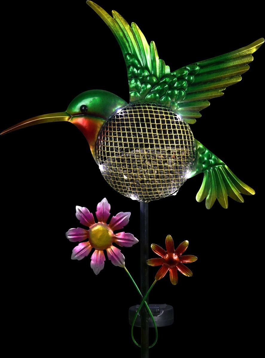 Exhart Solar Hand Painted Hummingbird Metal Mesh Pellet Bird Feeder Garden Stake