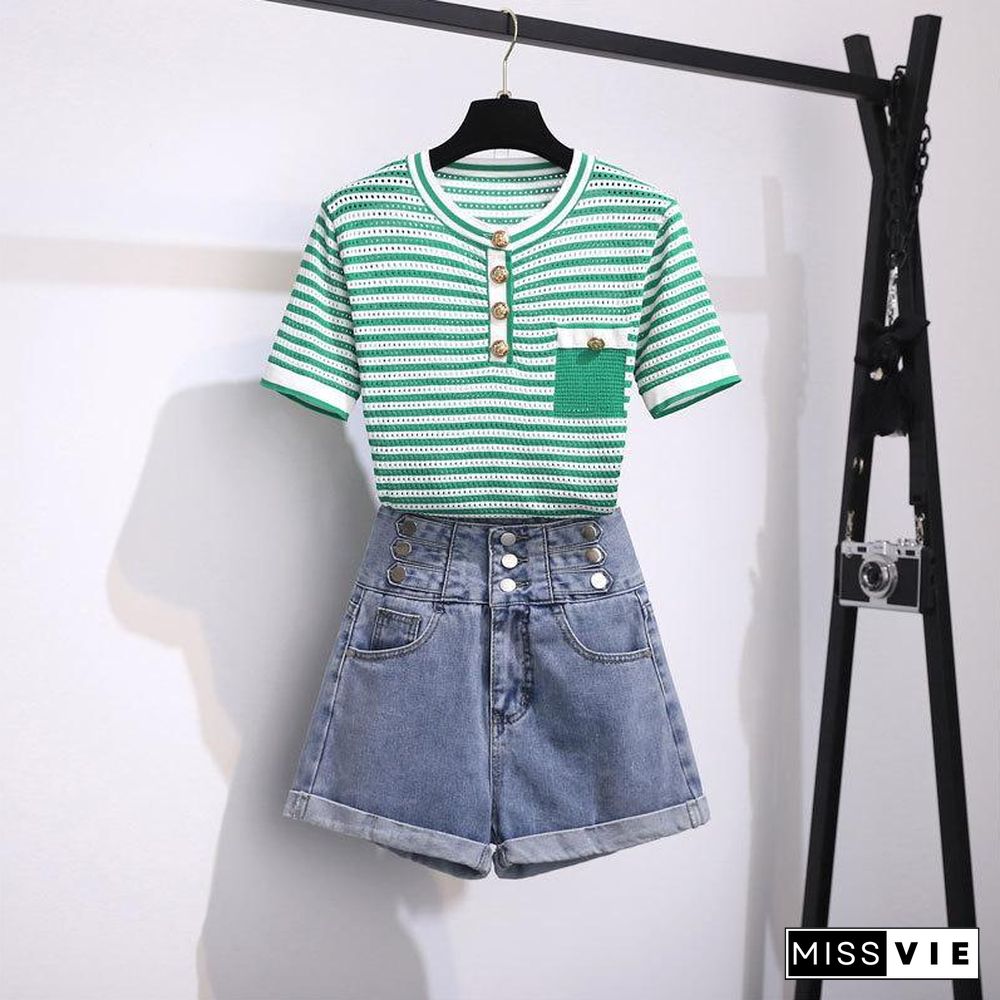 Stripe Knit Tee+Denim Shorts P15527