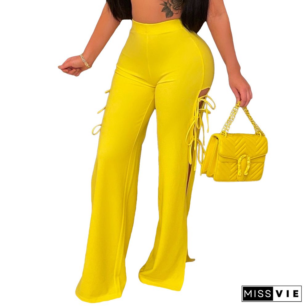 Solid Color Side Hollow Out Lace Up Flare Pants