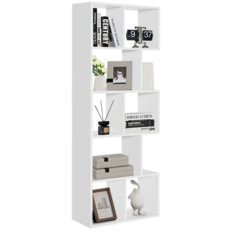 Hivago 5 Tiers 63 Inch Tall Geometric Wooden Bookshelf with 8 Display Shelves-White