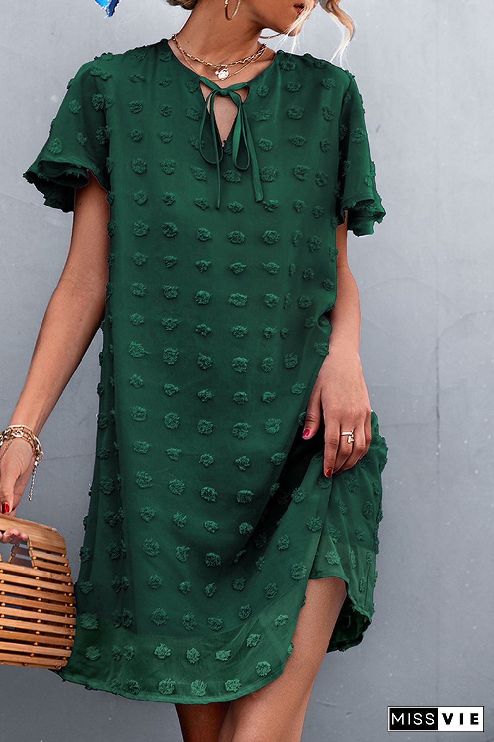 Jacquard Tie V-neck Short Sleeve Dress Wholesale