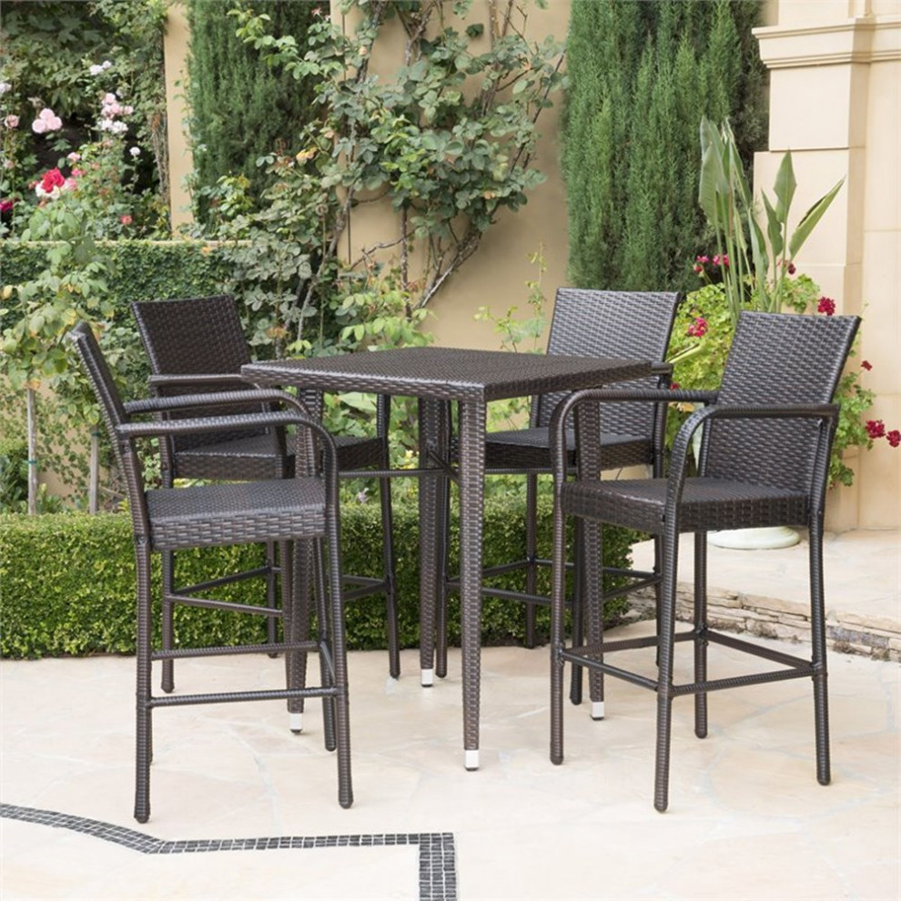 Noble House Colbin Outdoor 5 Pc Multi Brown Wicker 32.5 quotSquare Bar Table Set   Tropical   Outdoor Dining Sets   by Homesquare  Houzz