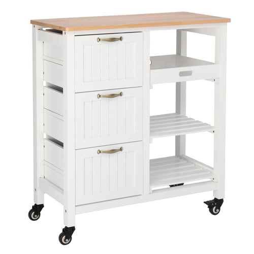 VINGLI Kitchen Island Rolling Storage Cart with 3 Drawer 3 Tier Holder Serving Bar Cart Coffee Bar Small Kitchen Microwave Trolley with Natural Solid Wood Top Caster Home Furniture， White