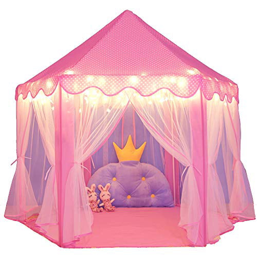 wilwolfer Princess Castle Play Tent for Girls Large Kids Play Tents Hexagon Playhouse with Star Lights Toys for Children Indoor Games (Pink)