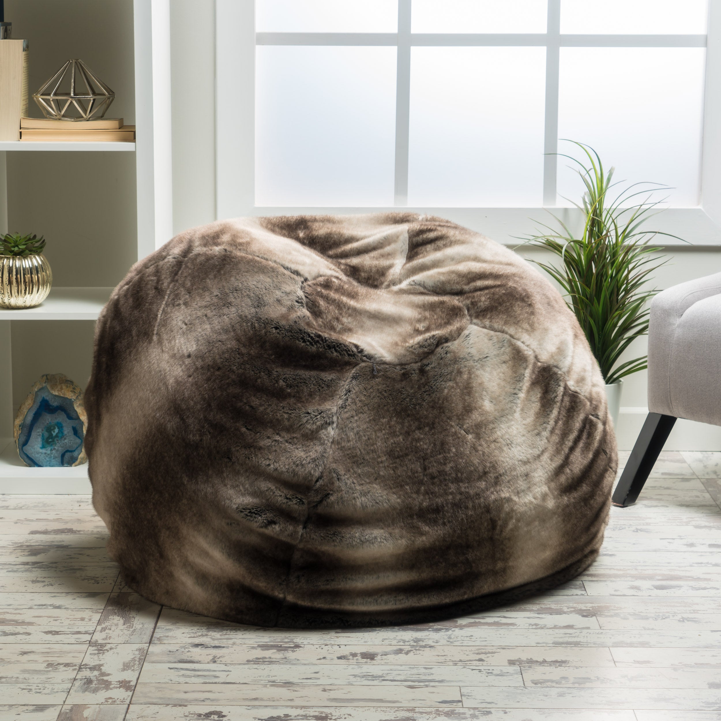 Meridian Modern Glam Round Faux Fur Fabric Bean Bag