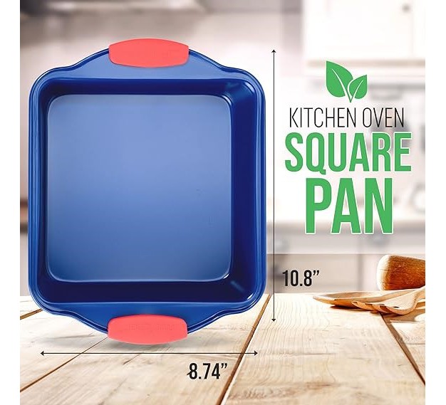 Nutrichef Non stick Square Pan Deluxe Nonstick Blue Coating Inside And Outside With Red Silicone Handles