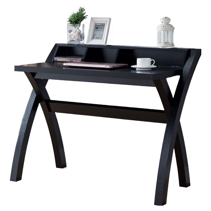 FC Design Black Home Office Computer Desk with 3 Open Shelves and X-Shaped Legs