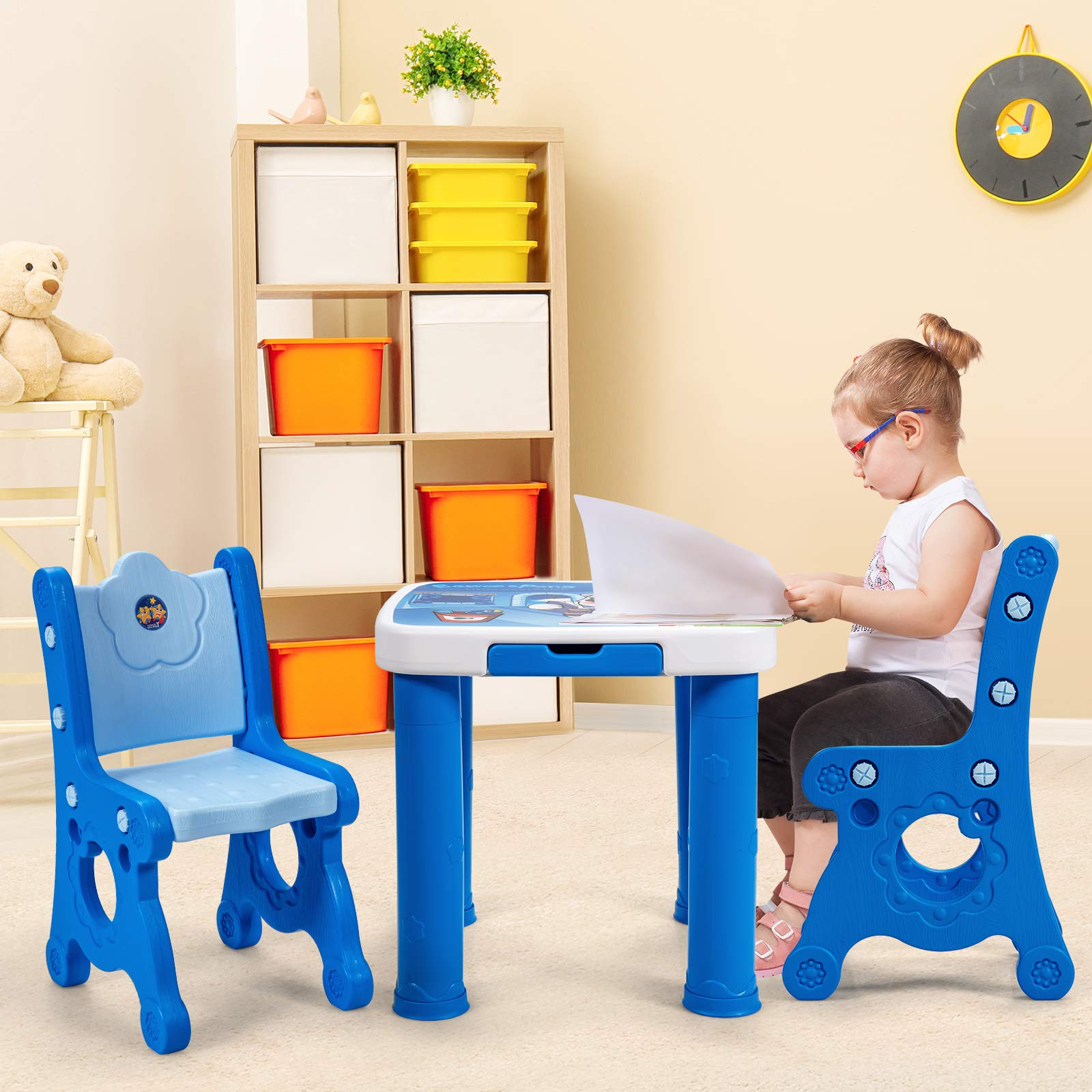 Costzon Kids Table and Chair Set, 3-Piece Toddler Activity Table and Chairs with Storage Drawer