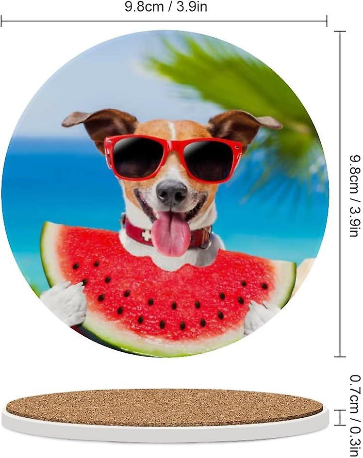 4pcs Round Jack Russell Dog Eating A Fresh Watermelon Ceramic Coasters With Cork-backed For Coffee Drink Cup Mat Absorbent Stone Coasters