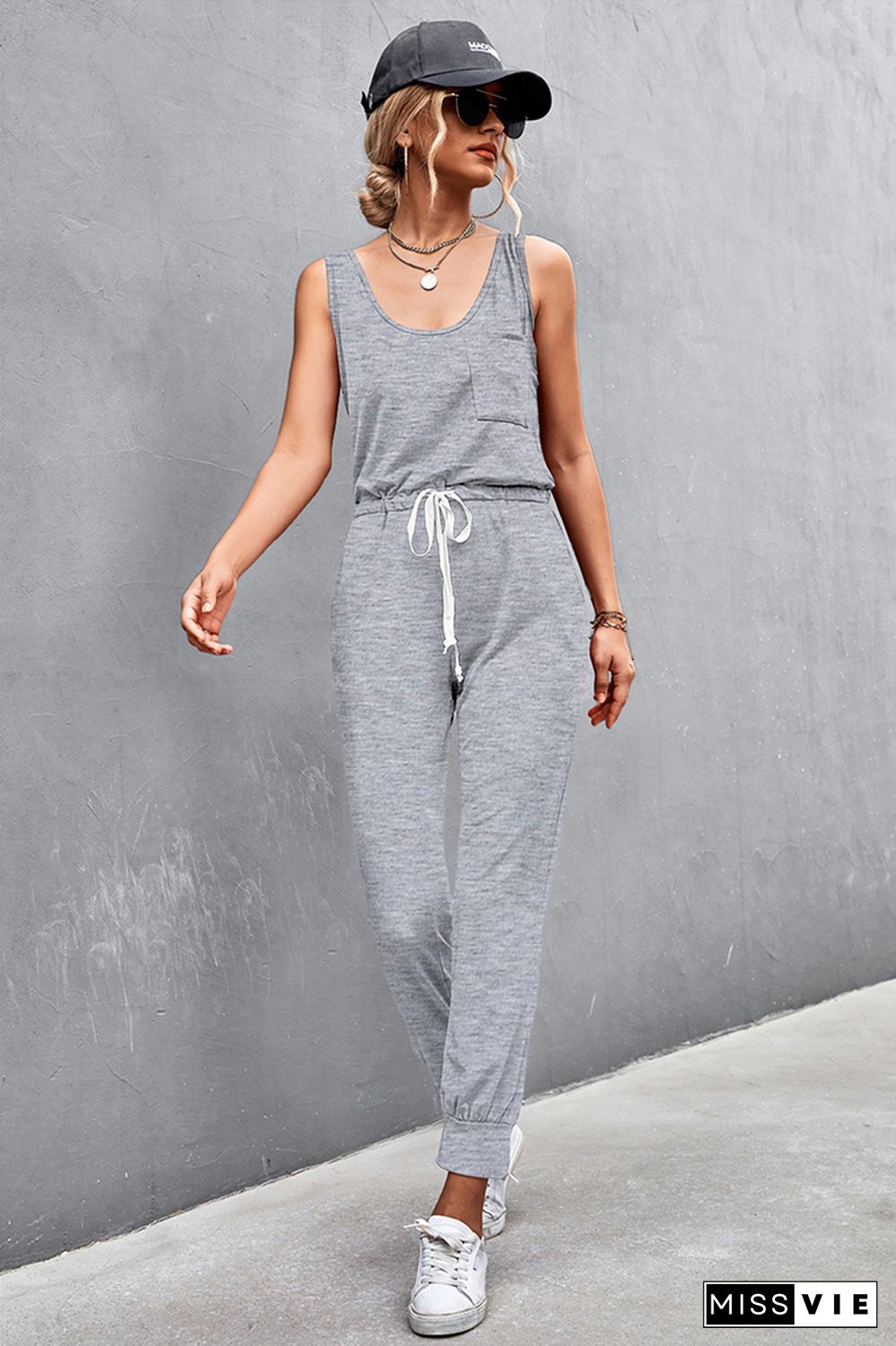 Strap U Neck Sleeveless Drawstring Waist Jumpsuit Wholesale