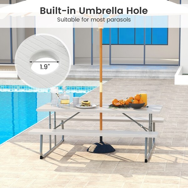 Folding Picnic Table Set with Metal Frame and AllWeather HDPE Tabletop，Umbrella Hole