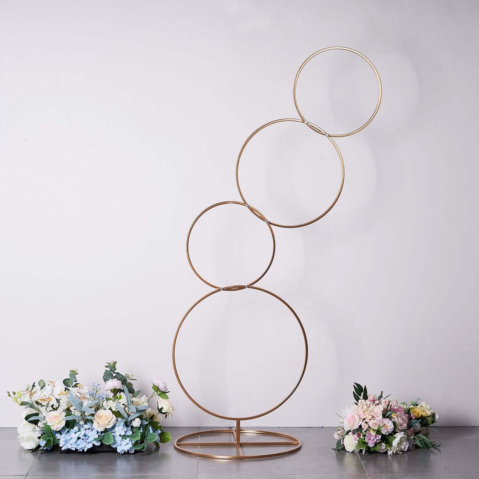 4-Tiered Gold Hoop Pillar Flower Stand, Metal Wedding Arch Table Centerpiece - Hoop Wreath 5ft