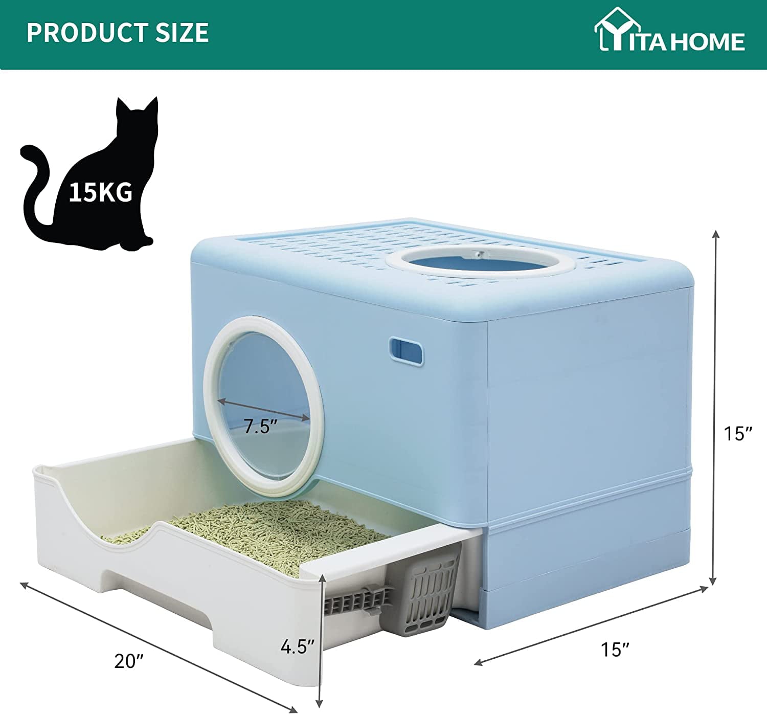 YITAHOME Large Enclosed Cat Litter Box with Lid Cover， Hooded Odorless Anti-Splashing Cat Toilet ， Easy to Install and Clean (Blue)