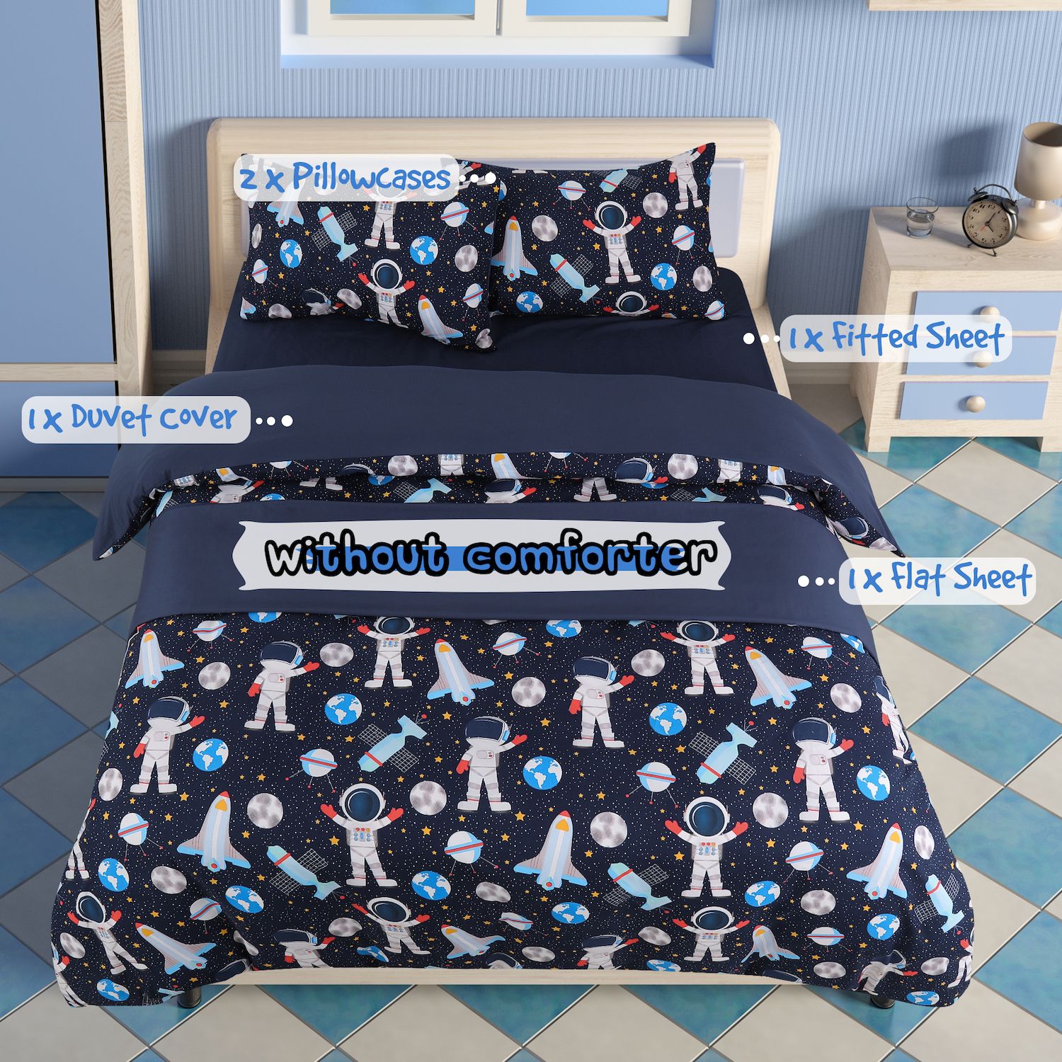 5 Piece Kids Bedding Set Polyester Microfiber Fabric Kids Duvet Cover with 2 Pillowcases Fitted Sheet Flat Sheet Space Astronaut Series Pattern Bedroom Decor for Kids Full