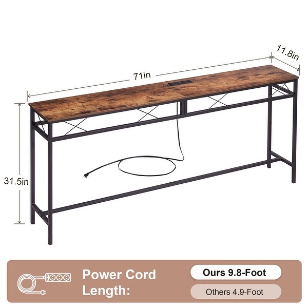 VECELO Industrial Rectangular Wood Console Table with AC Power and USB Charging Ports