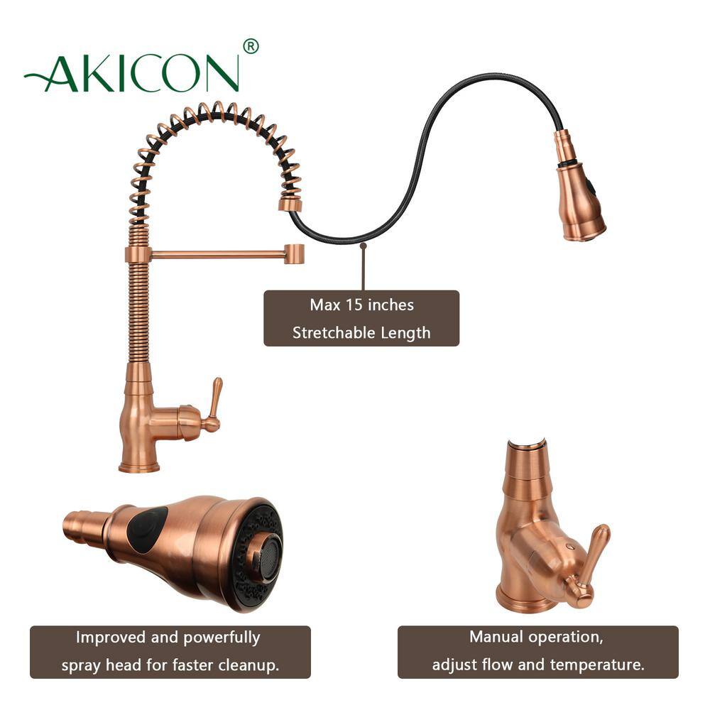 Akicon Single-Handle Pre-Rinse Spring Pull-Down Sprayer Kitchen Faucet in Copper AK518A-C