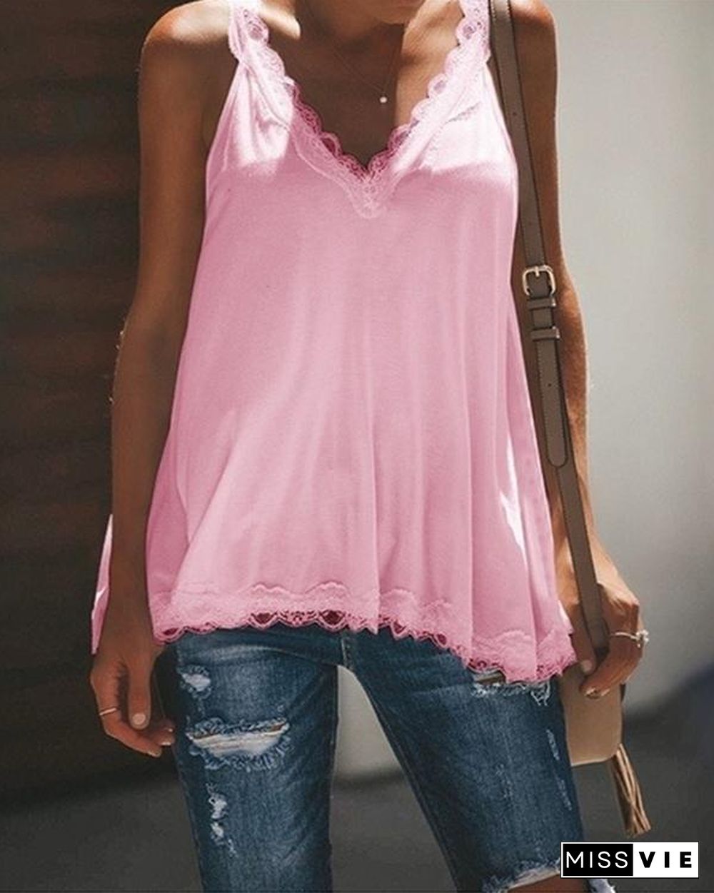 Women Casual  V Neck Paneled Spaghetti Solid Sexy Camis Tops