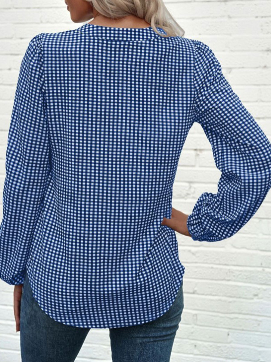 V-neck Casual Loose Check Print Long Sleeve Blouse