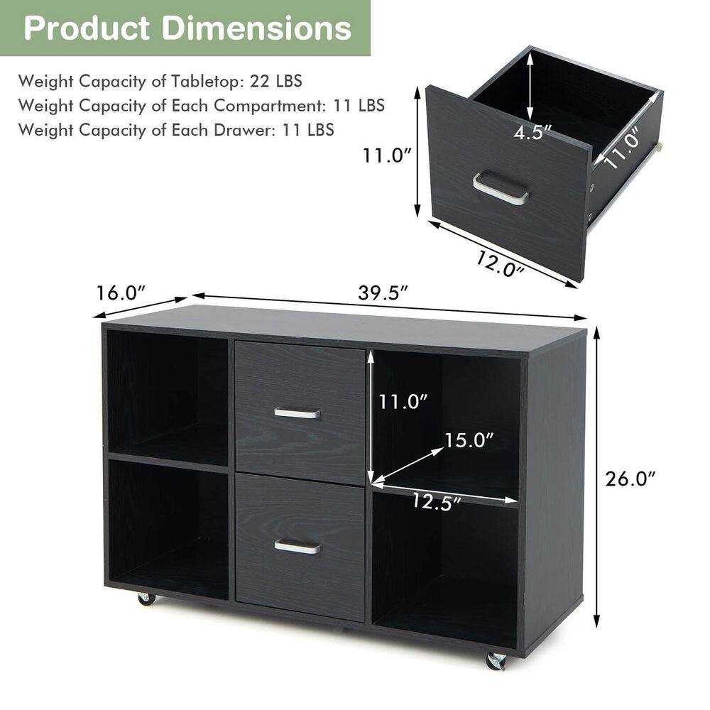 Gymax Black Rolling Wood File Cabinet With 2-Large Drawers and 4-Open Compartments Office GYM10416