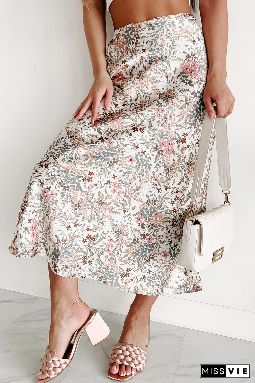 Beige Floral High Waist A-Line Skirt