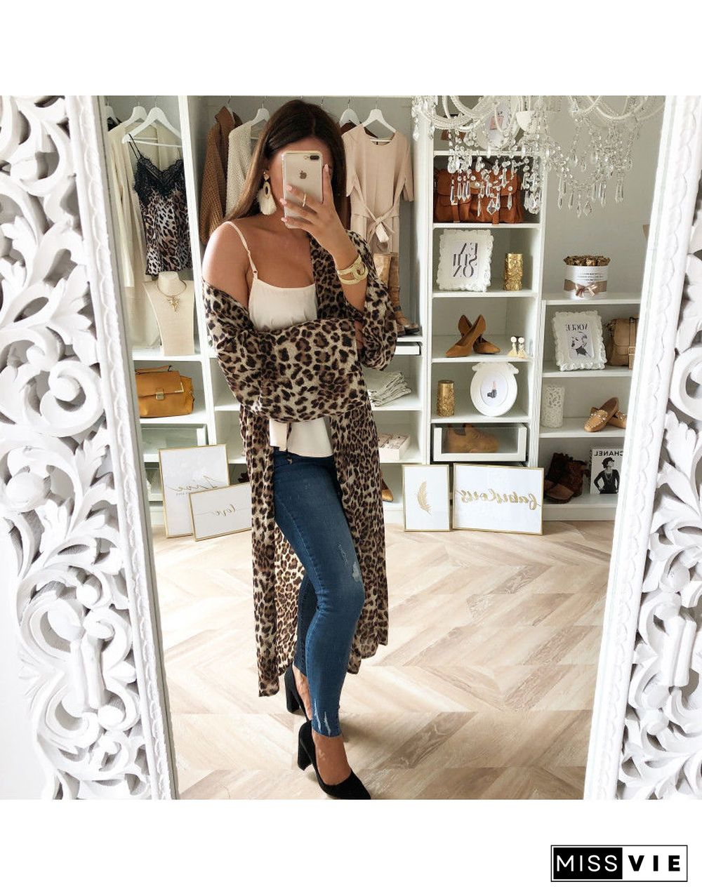 ZANZEA Women Leopard Print Open Front Cardigan Kimono Coat Jacket Beach Party Cover Ups