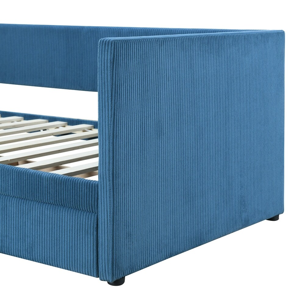 Blue Modern Twin Size Corduroy Daybed with 2 Large Storage Drawers and Solid Wood Slats Support  for Lawn Living Room Mild Rest