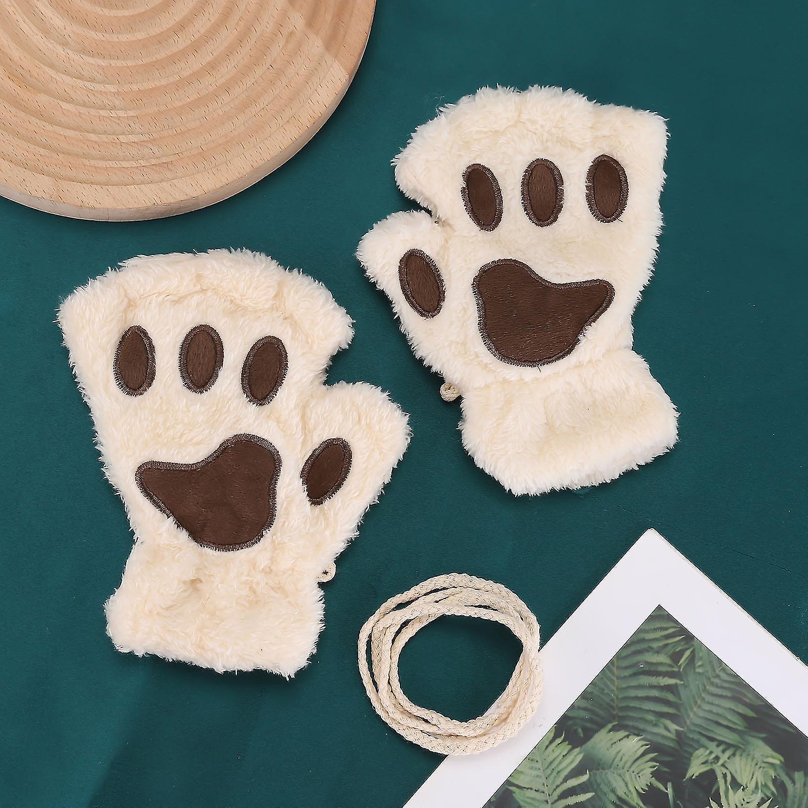 Women Girls Bear Faux Fur Soft Plush Cat Paw Claw Glove Fingerless Gloves Mitten Soft Winter Gloves Coral Fleece Mittens Beige1pair)