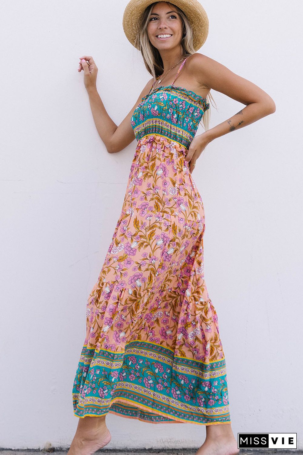 Floral Print Bodice Spaghetti Strap Maxi Dress