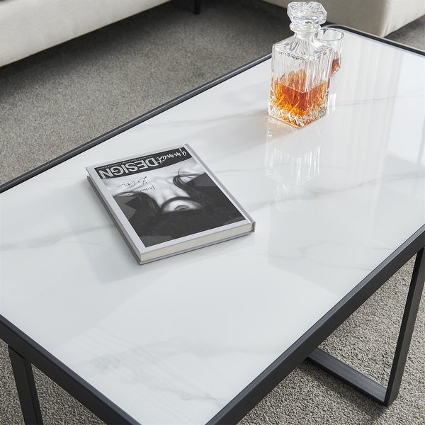 End Table Coffee Table， Black Metal Frame with Sintered Stone Tabletop