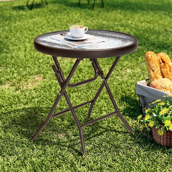 Crestlive Outdoor Side Table Patio Small Folding Table with Tempered Glass Table Top